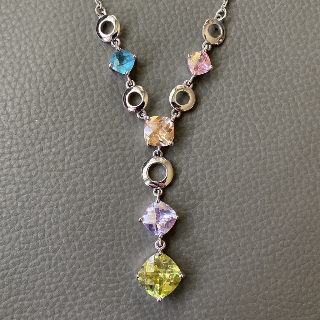 Necklace Silvertone With Multi Color Stones 16”
